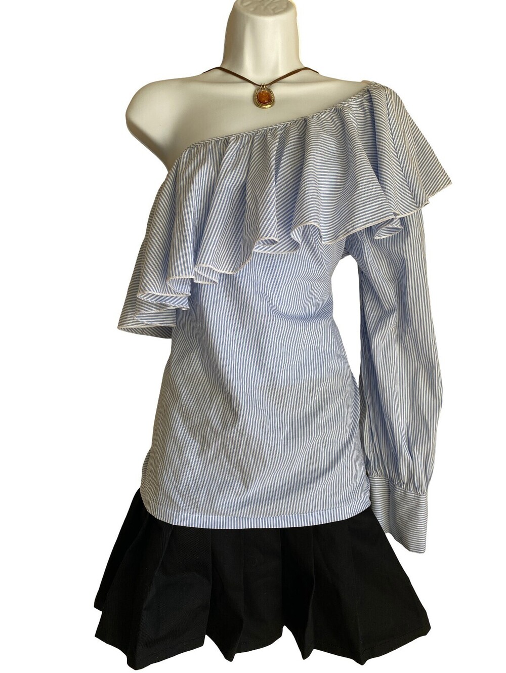 Vintage LOFT Plus XL One Shoulder Ruffle Blouse Blue White Striped Boho Artsy